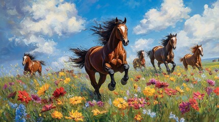 Wall Mural - horses running through a field of flowers under a cloudy sky
