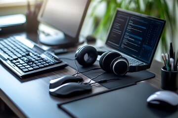 Modern workspace with laptop, headphones, and computer. Concept of programming, coding, and technology.