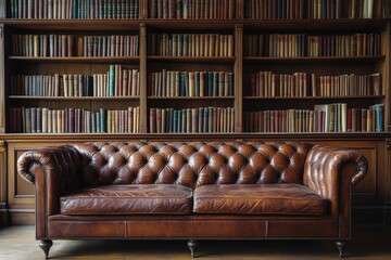 Wall Mural - Elegant leather sofa positioned before a spacious wooden bookshelf filled with books in a library