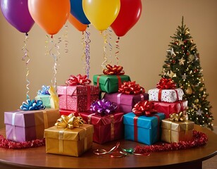 Wall Mural - Colorful wrapped gifts and balloons create a festive atmosphere for a holiday celebration.