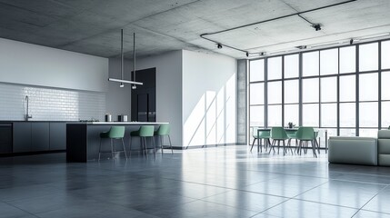 Wall Mural - Contemporary apartment with minimalist design featuring black kitchen and green dining chairs