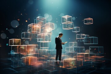 Wall Mural - businessman assembling digital blocks to create a structure symbolizing growth and innovation