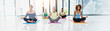 © peopleimages.com - Yoga class, lotus and group of women in meditation together for fitness, natural exercise and morning balance on banner. Workout, breathe and people relax for zen, wellness and mindfulness in studio