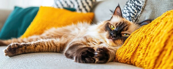 Wall Mural - A cozy cat lounges on a sofa adorned with vibrant cushions, radiating calm and comfort in a sunlit room.