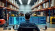 © Pete - Logistics manager focuses on multiple computer screens in busy warehouse. Warehouse activity high with many staff, equipment. Manager monitors operations, likely overseeing inventory, shipping,