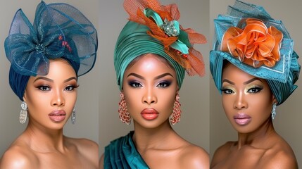 Poster - Vibrant Portraits of Three Women Adorned in Elegant Headwraps and Makeup Showcasing Colorful Fashion Accessories and Glamorous Styles