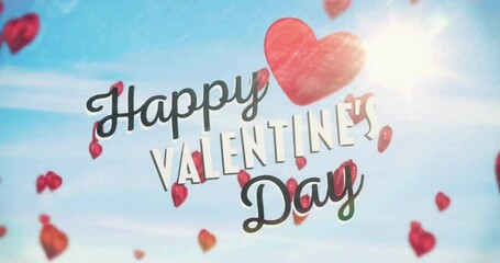Wall Mural - animation of happy valentine's day text with red hearts over sky with sun