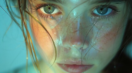 Wall Mural - Close-up Portrait of a Person with Water Reflections on the Face and Intense Gaze Highlighting Emotional Depth and Texture in Photography