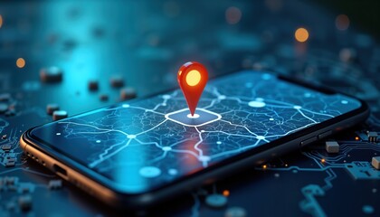 Modern mobile device displays detailed urban map. Highlighted geofencing area, location pin visible. Image shows night time scene with illuminated screen. Tech used for navigation, planning. Smart