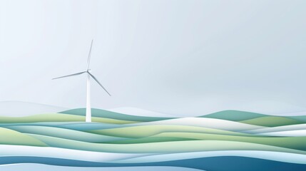 Wall Mural - A serene landscape featuring a coastal wind farm under a clear blue sky, surrounded by sandy beaches and seabirds, symbolizing offshore wind energy and marine conservation