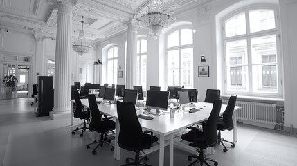 Wall Mural - A spacious and elegantly designed open-plan office with high ceilings, natural light, and modern equipment, showcasing a blend of classical architecture and contemporary work environment