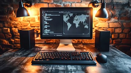 Wall Mural - Centralized Focus on a High-Tech Computer Setup with Code Displayed on a Monitor in a Dimly Lit Room Illuminated by Industrial Design Lamps