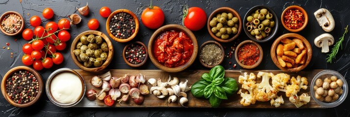 Wall Mural - An Array of Fresh Ingredients and Spices Showcasing the Vibrant Colors and Flavors Essential for Creating a Delicious and Authentic Culinary Experience