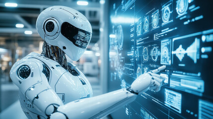 Artificial intelligence robot with a digital tablet and a big data network connection on a dark blue background