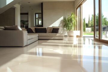 Wall Mural - Contemporary minimalist living room featuring modern beige epoxy resin flooring design