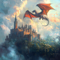 Sticker - A dragon flying over a medieval castle