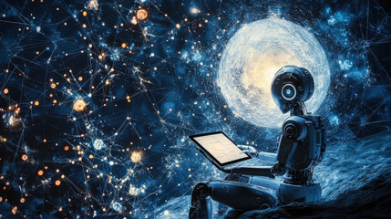 Photo of an AI robot using a digital tablet to plan and read data against the background of technological neural networks