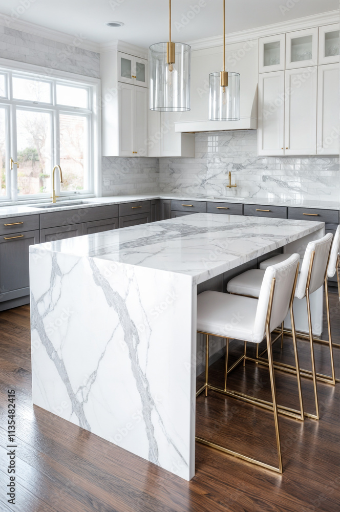 Modern Kitchen Island with Calacatta Marble Countertop and Gold Bar ...