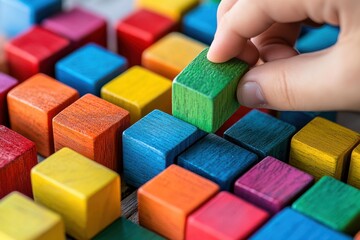 Poster - Hand placing green block among colorful toy wooden cubes.