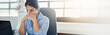 © peopleimages.com - Stress, tired and laptop with business woman in office for frustrated, connection glitch and brain fog. Mistake, banner and mental health with employee for online policy, bug report and crisis