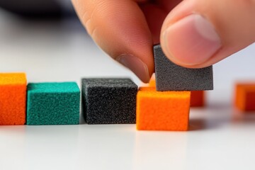 Aufkleber - Hand places gray block among colorful cubes on white surface.