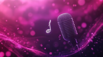 Poster - Microphone with music note against pink bokeh background.