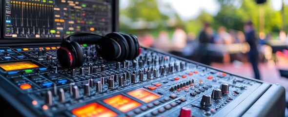 Fototapete - Mixing console with headphones at outdoor event.