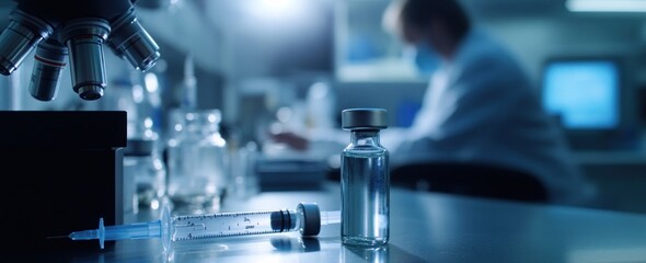 Aufkleber - Vaccine vial, syringe, microscope on lab table. Medical worker blurry background.