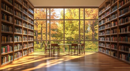 Leinwandbilder - Library with fall leaves visible through window.