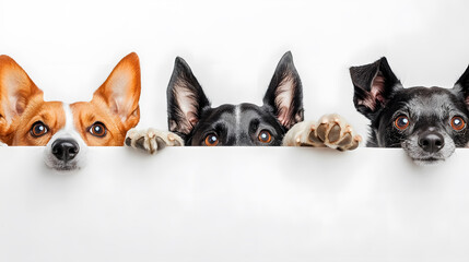 Dogs peeking over a white web banner