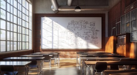 Poster - Empty classroom with diagram on whiteboard.
