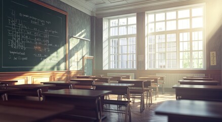 Poster - Empty classroom with sunlit windows and chalkboard.