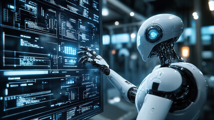 Artificial intelligence robot with a digital tablet and a big data network connection on a dark blue background