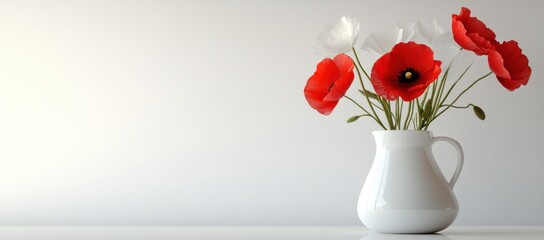 Aufkleber - Red and white poppies in a white vase on white surface against white background.