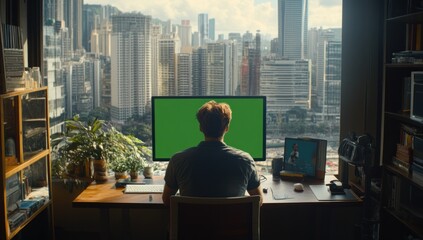 Poster - Man works at desk; city background.