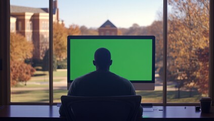 Poster - Person working on green screen monitor with fall background view.