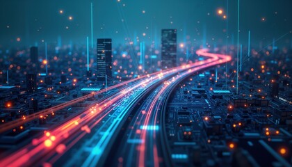 Digital tech roadmap for business progress. Cityscape background with glowing lines representing data flow. Modern tech integration. Organizational innovation visualized. Business modernization