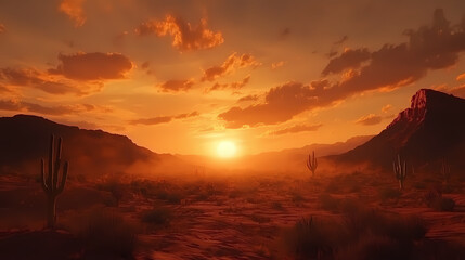Wall Mural - Sunset in arizona desert with mountain and cactus. Nightfall. Illustration