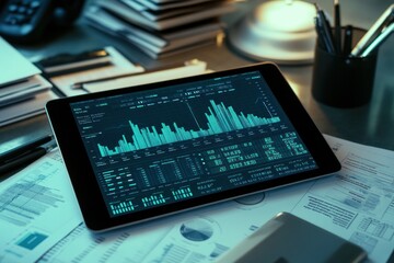 Poster - Tablet shows stock market data on a cluttered desk.
