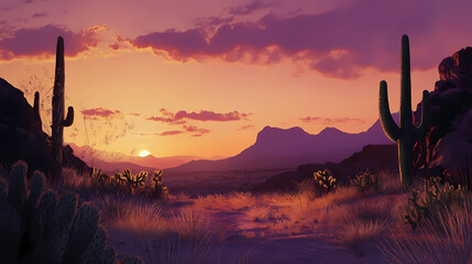 Wall Mural - Sunset in arizona desert with mountain and cactus. Nightfall. Illustration