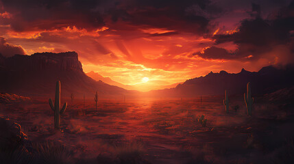 Wall Mural - Sunset in arizona desert with mountain and cactus. Nightfall. Illustration