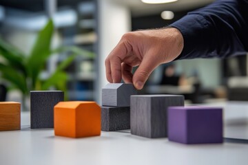Aufkleber - Hand stacking toy blocks on white desk, defocused background.