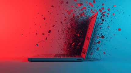 A laptop appears to be exploding with colorful particles against a contrasting background, creating a dynamic visual effect.