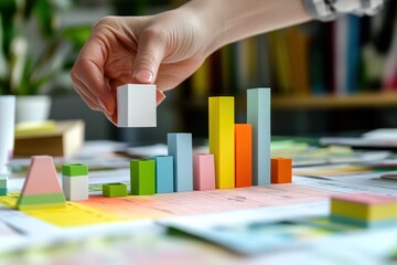 Leinwandbilder - Hand arranging colorful blocks, creating a bar chart on table.