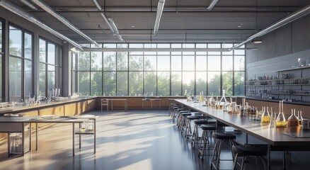Aufkleber - Bright lab interior with long benches and equipment near large windows.