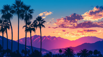 Wall Mural - Palm trees at sunset with desert mountain range in the distance with blue sky and clouds; palm springs california united states of america. Nightfall. Illustration