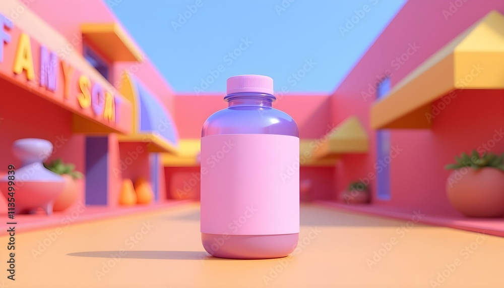 clear plastic bottle 3D render with a label design, viewed from a low ...