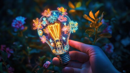 Aufkleber - Illuminated bulb with flowers in hand.