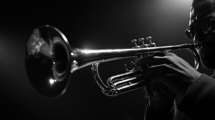 Aufkleber - Musician playing trumpet in a black and white close-up.