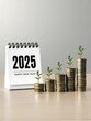 © bububoo! - Calendar happy new year 2025 with graph and stack of growth coins. financial annual plan for save money, Budget, tax, investment, financial, savings, and New Year Resolution retirement concept.